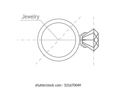 Ring with diamond, graphic scheme. Diamond shape. Blueprint outline jewelry. Craft jewelry making. A handmade jeweler process, manufacture of jewelery. Isolated vector illustration.