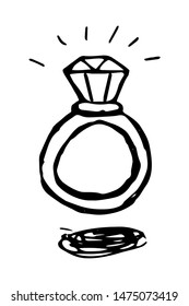 A ring with a diamond. Hand drawn doodle contour black and white vector isolated illustration.