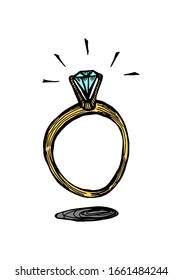 A ring with a diamond. Hand drawn doodle color isolated illustration. Vector 10 EPS.