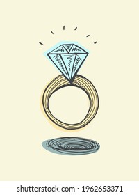 A ring with a diamond. Hand drawn doodle color vector illustration.