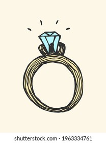 A ring with a diamond. Hand drawn doodle color vector illustration.