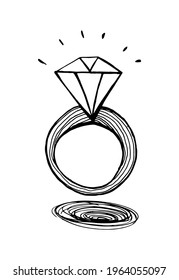 A ring with a diamond. Hand drawn doodle monochrome vector illustration.