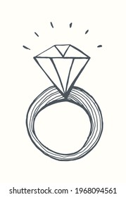 A ring with a diamond. Hand drawn doodle monochrome vector illustration.