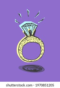 A ring with a diamond. Hand drawn doodle color vector illustration.