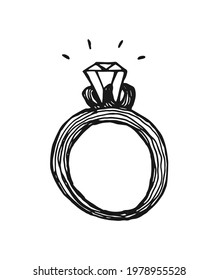 A ring with a diamond. Hand drawn doodle monochrome vector illustration.