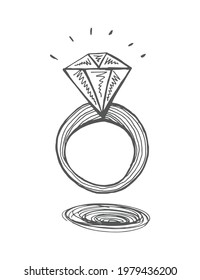 Un anillo con un diamante. Ilustración portadora monocromática de doodle dibujado a mano.