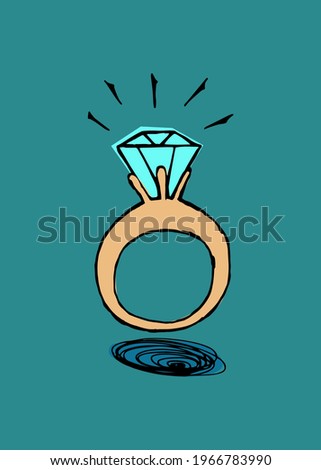 A ring with a diamond. Hand drawn doodle color vector illustration.