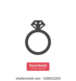 Ring With Diamond Icon, Engagement And Wedding Ring. Line Art Design, Vector Flat Illustration