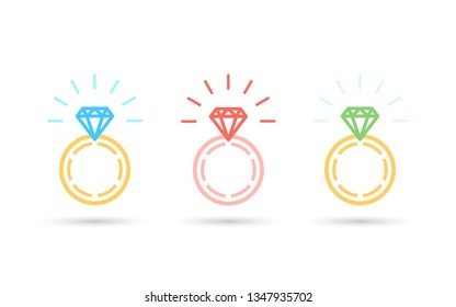 Ring With Diamond Icon, Engagement And Wedding Ring. Line Art Design, Vector Flat Illustration