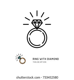 Ring With Diamond Icon, engagement and wedding ring. Line art design, Vector flat illustration