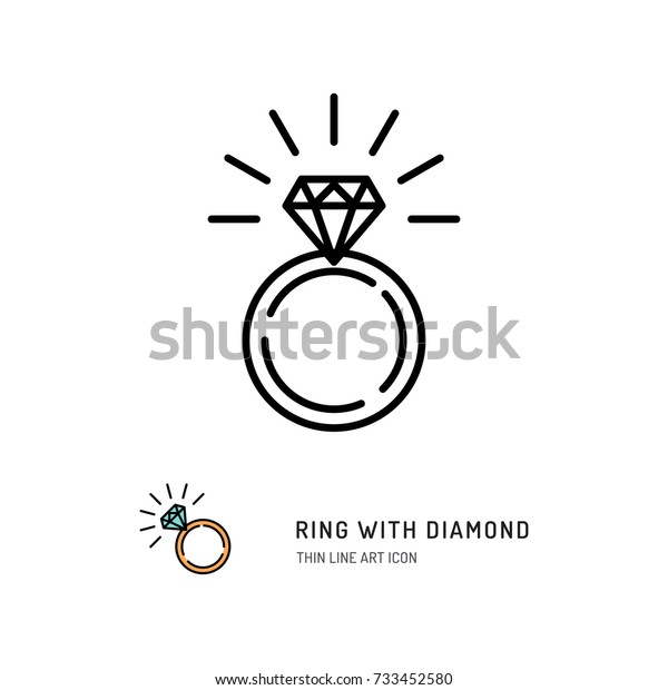 Ring With Diamond Icon,\
engagement and wedding ring. Line art design, Vector flat\
illustration