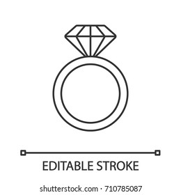 Ring with diamond linear icon. Thin line illustration. Wedding ring. Contour symbol. Vector isolated outline drawing. Editable stroke