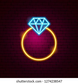 Ring with Diamond Neon Sign. Vector Illustration of Fashion Promotion.