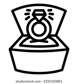 Ring mit Diamant in offener Box Linie Symbol, Valentinstag Konzept, Ehering mit brillanten Zeichen auf weißem Hintergrund, Vorschlag Ring Symbol in Umriss Stil für mobiles Konzept. Vektorgrafik