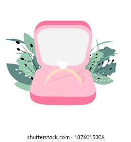 Un anillo con un diamante en una caja rosa con hojas en el fondo. Elemento de vacaciones románticas. Ilustración del vector