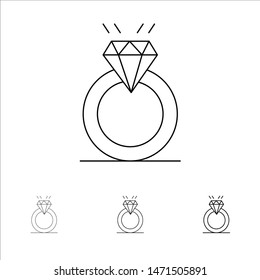 Ring, Diamond, Proposal, Marriage, Love Bold and thin black line icon set