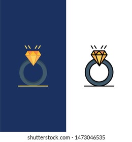 Ring, Diamond, Proposal, Marriage, Love  Icons. Flat and Line Filled Icon Set Vector Blue Background