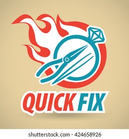 Ring with a diamond, tool, fireball. Repair jewelry. Vector illustration.
