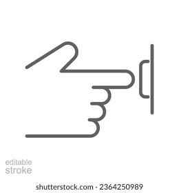 Ring door bell line con. finger pressing or Hand push bell button. Notification Alarm logo. Hand pressed ring alert. Editable stroke vector illustration design on white background. EPS 10