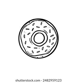 Ring Doughnut mit Glasur und Streusel Top View Handgezeichnete Doodle Line Art Illustration Vektorgrafik Schwarze Linie auf weißem isoliertem Hintergrund