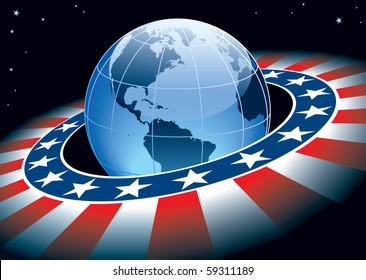 Ring with elements of USA flag and Earth with continents North and South America.