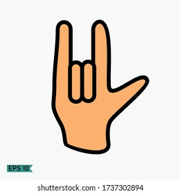 ring finger, index finger and thumb open, hand cues. Hand vector vector with a flat style. metal symbol