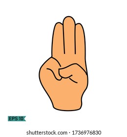 
dedo del anillo, dedo medio y dedo índice abierto, con un estilo plano. Icono de vector de mano