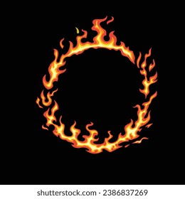 Ring of fire isolated on black background. Vector cartoon flame frame. Simple flat illustration. Fiery circle.