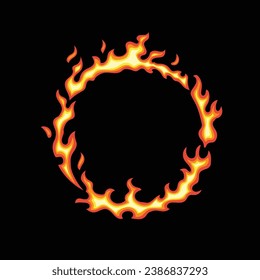 Ring of fire isolated on black background. Vector cartoon flame frame. Simple flat illustration. Fiery circle.