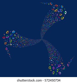 Ring fireworks swirl rotation. Vector illustration style is flat bright multicolored iconic symbols on a blue background. Object whirl combined from random pictographs.