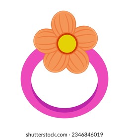 Ring with flower bead for kids on white background. Ring from plastic beads, jewelry for children cartoon illustration. Accessories, fashion concept