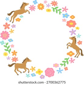 Ilustración del marco del anillo de tres caballos marrones y flores coloridas