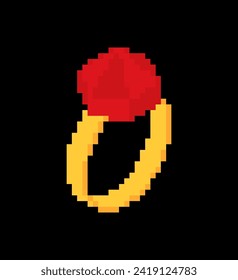 Ring with garnet pixel art. 8 bit Engagement ring with precious stone. pixelated illustration