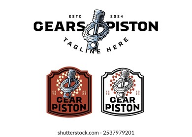 ring gear surround piston colorful and outline logo design set for garage, automotive, motorcycle club engine piston, gear, serration illustration badge logo template for rider, racing sport 