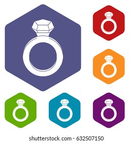 Ring with gemstone icons set hexagon isolated vector illustration