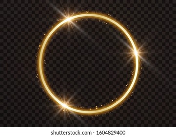 Ring with gold dust. Round shiny frame with light bursts. Magical glowing  banner. Vector illustration.