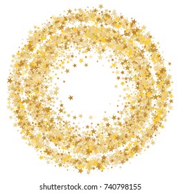 Ring of gold sparkling background with star dust isolated on white. Gold stars sparkling glitter magic background. Golden glitter sparkles confetti flying on white, glossy shine border vector design.