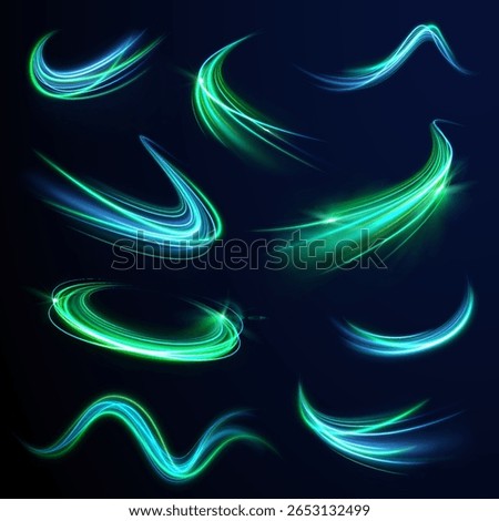 Ring of green motion swirl and shiny stream flare light sparkle burst black background digital energy illustration vector shape wave magic effect neon glow abstract

