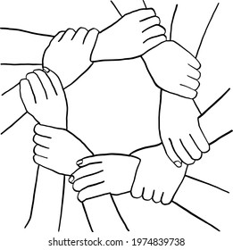 Ring of hands teamwork concept Hand drawn line vector illustration