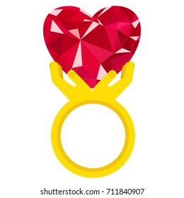 Ring With Heart Flat Vector Isolated On White. Ring In Form Of Hands Holding Ruby Heart. Sign Of Love, Reciprocity. Gift For Engagement, Wedding, Valentine Day, Declaration Of Love.