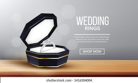 Ring With Heart Form In Box Landing Page Vector. Jewelry Annulus Romantic Surprise Gift In Elegant Black Packaging For Loving Girl On Wooden Table Website Or Web Page. Realistic 3d Illustration