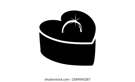 ring in heart shape gift box, black isolated silhouette