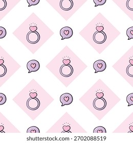 Ring hearts, and speech love bubble decorative frames on a pink background. Cute Valentine seamless pattern for clothing, fabric, wallpaper, backdrop, home decoration, and cover book. 