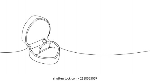 Ring in a heart-shaped box continuous line drawing. One line art of love, wedding rings, marriage, diamond, accessory, jewel, union of hearts, classic, romance.