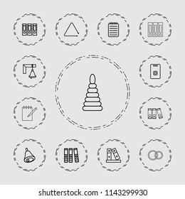 Ring icon. collection of 13 ring outline icons such as binder, notebook, triangle musical instrument, door ringer, bell, pyramid. editable ring icons for web and mobile.