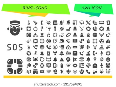 ring icon set. 120 filled ring icons.  Simple modern icons about  - Concierge, Lifesaver, Sos, Belly piercing, Bell, Ring, Gem, Earrings, Snooze, Alarm bell, Punching bag, Necklace