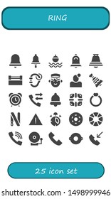 ring icon set. 25 filled ring icons.  Collection Of - Alarm bell, Bell, Float, Ring, Carabiner, Concierge, Notification, Alarm clock, Call, Lifesaver, Key Alert, Alarm, Doughnut
