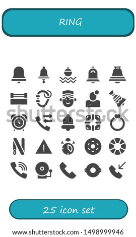 ring icon set. 25 filled ring icons.  Collection Of - Alarm bell, Bell, Float, Ring, Carabiner, Concierge, Notification, Alarm clock, Call, Lifesaver, Key Alert, Alarm, Doughnut