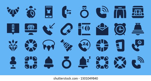 ring icon set. 32 filled ring icons. on blue background style Collection Of - Jewel, Alert, Diamond, Punching bag, Alarm, Lifesaver, Lifebuoy, Fashion, Phone call, Necklace, Bell