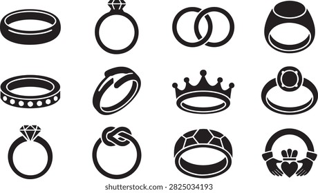 Ring icon set with black wedding bands diamond rings and crown jewelry designs for luxury